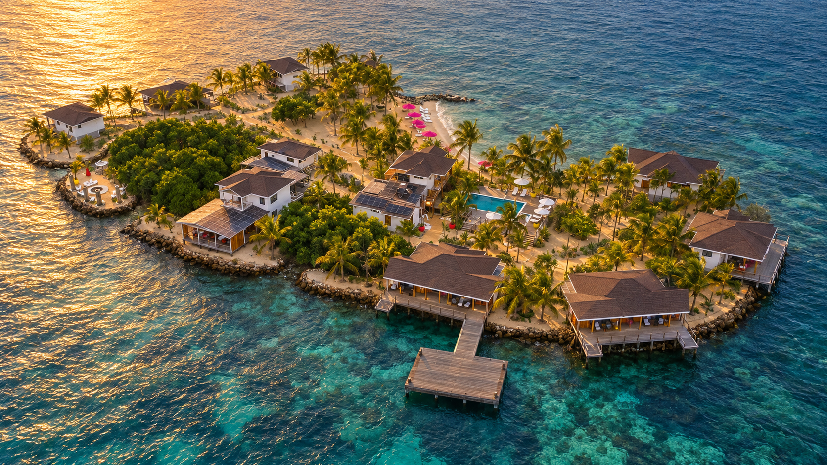 Aerial view of Magenta Private Island at golden hour with villas pool and dock off Placencia Belize