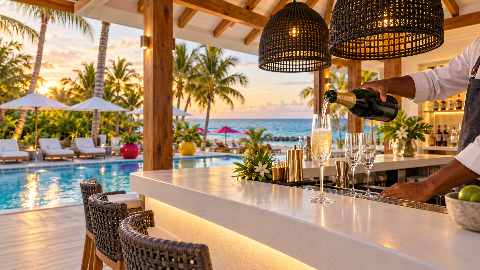 Bartender pouring champagne at the white pool bar of Magenta Private Island