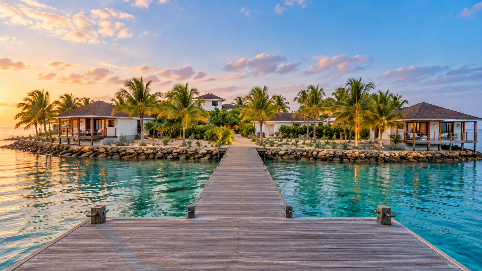 Long wooden dock at dawn over calm water at Magenta Private Island Belize