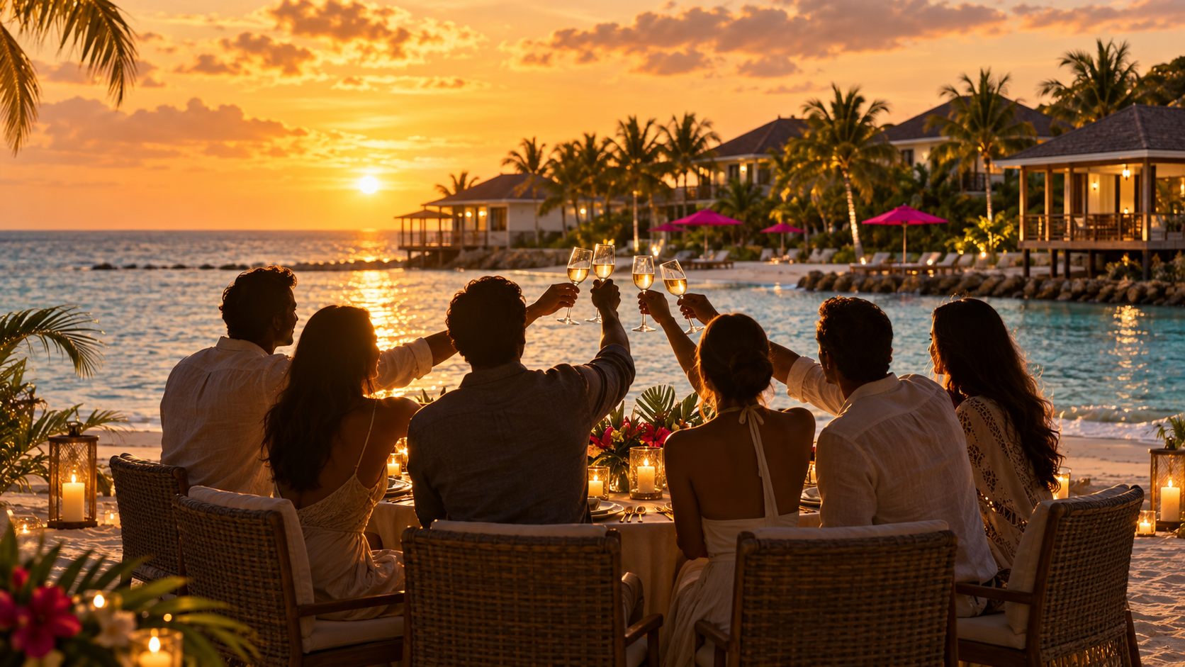 Group toast silhouettes at a golden hour beach dinner on Magenta Private Island