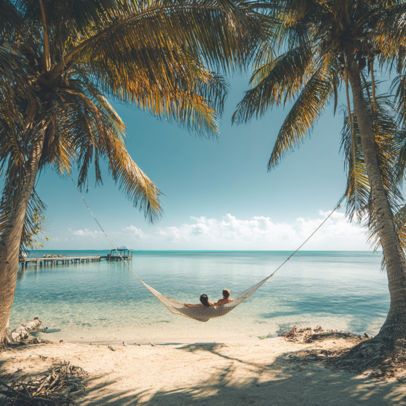 photo image for a journal article on placencia belize, section titles include adventure meets relaxation, authentic culture in a pristine setting, and the perfect climate all year round, couple in a hammock with the ocean behind them