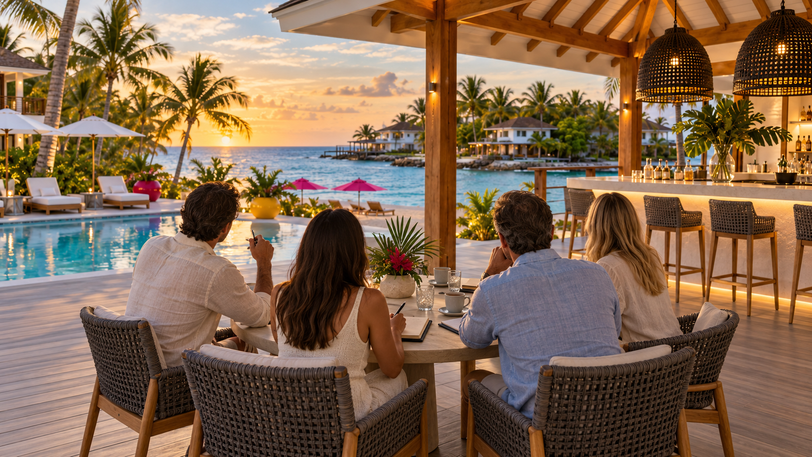 Executive team meeting in the open air pool bar lounge at Magenta Private Island Belize
