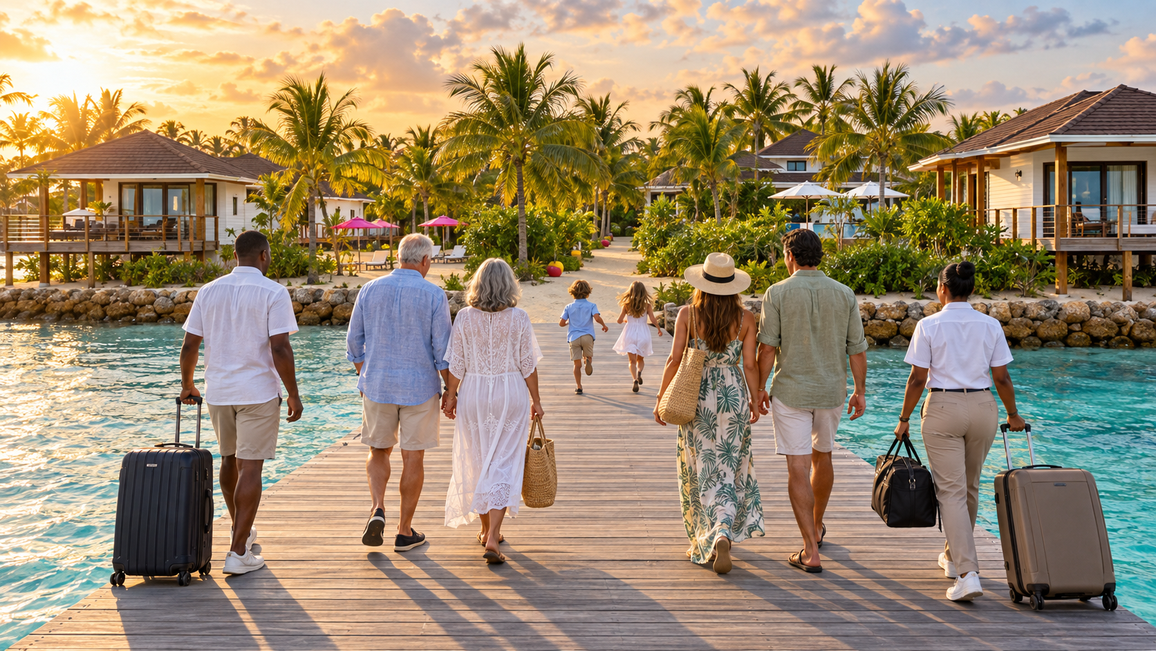 Multigenerational family walking down the island dock toward villas at Magenta Private Island Belize