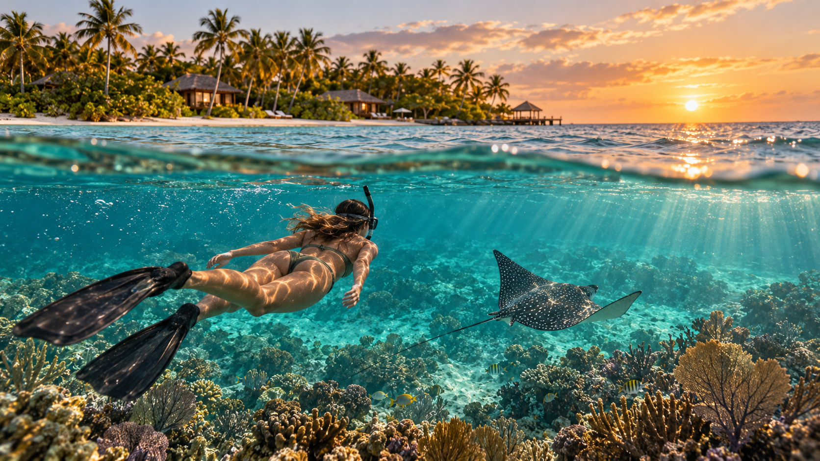 Snorkeler gliding over coral beside a spotted eagle ray in clear water off a Belize private island