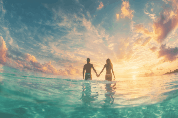 magenta-caye-belize-couple_enter_water_sunset